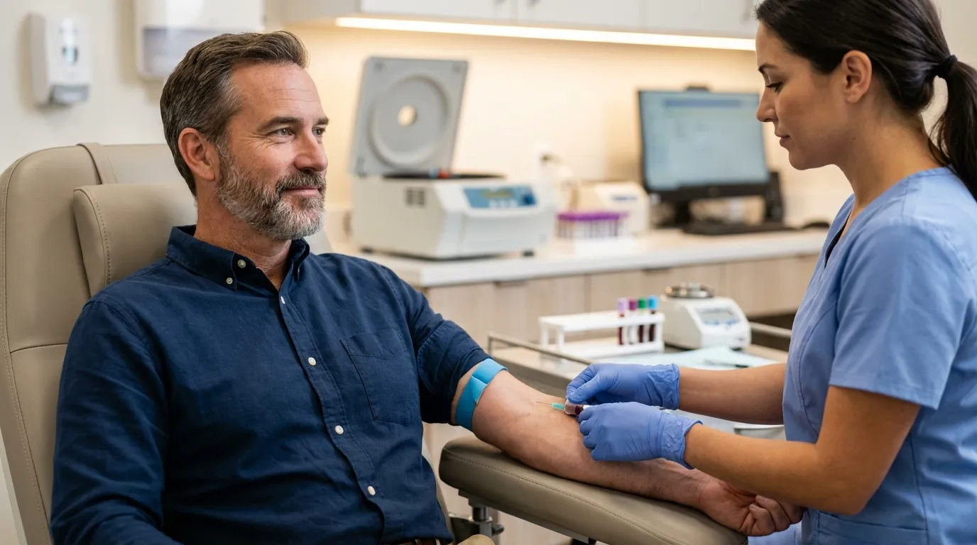 A man calmly receives a blood draw from a nurse, a key diagnostic step in exploring potential testosterone replacement therapy.