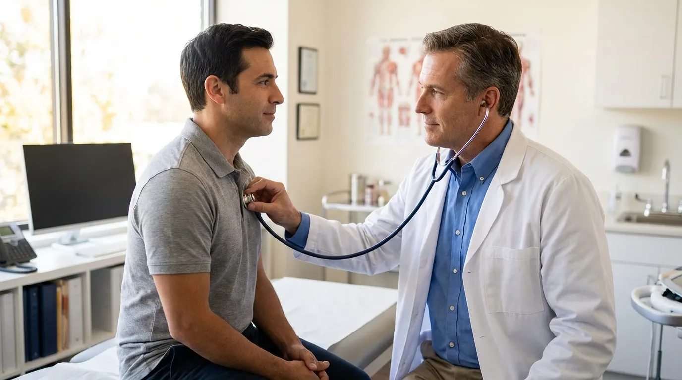 A doctor listens to a man's chest with a stethoscope during a medical exam, a common step when considering testosterone replacement therapy.