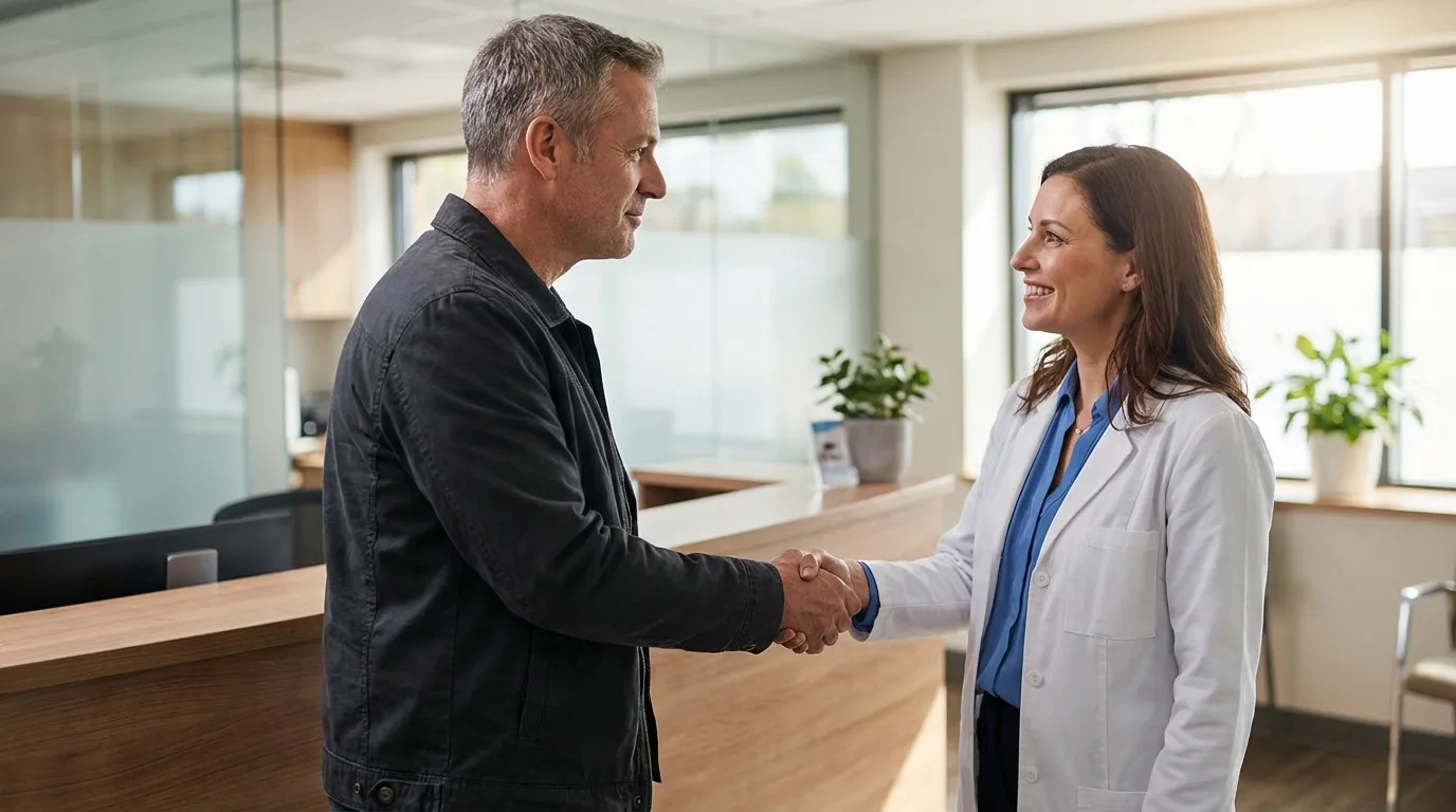 A happy man shaking hands with a smiling female doctor in a clinic, a hopeful step on his testosterone replacement therapy journey.