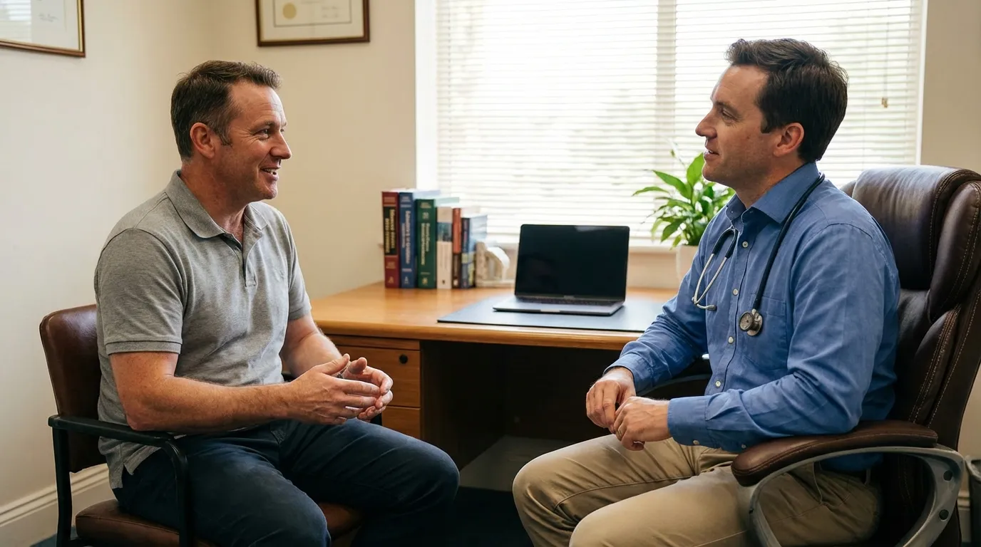 A smiling man engages positively with his doctor during a consultation in a bright office, exploring the benefits of testosterone therapy.