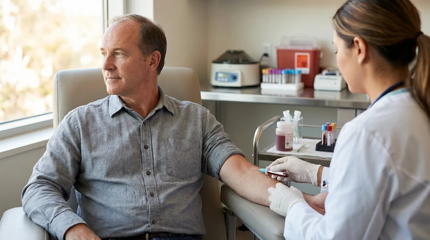 A man sits calmly during a blood draw by a nurse, looking out a window, a vital step in considering testosterone therapy.