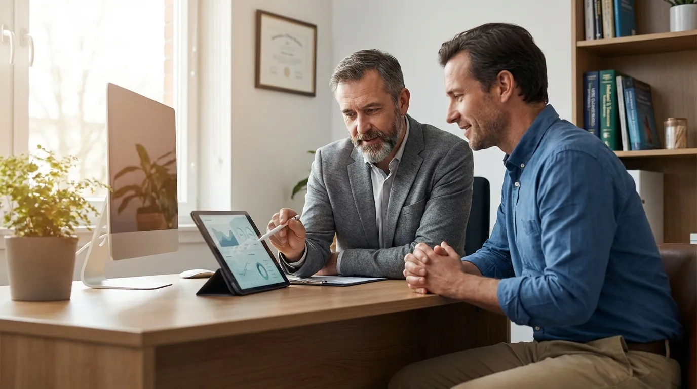 Two men intently review charts on a tablet, showcasing the enhanced focus and mental clarity many men find with testosterone therapy.