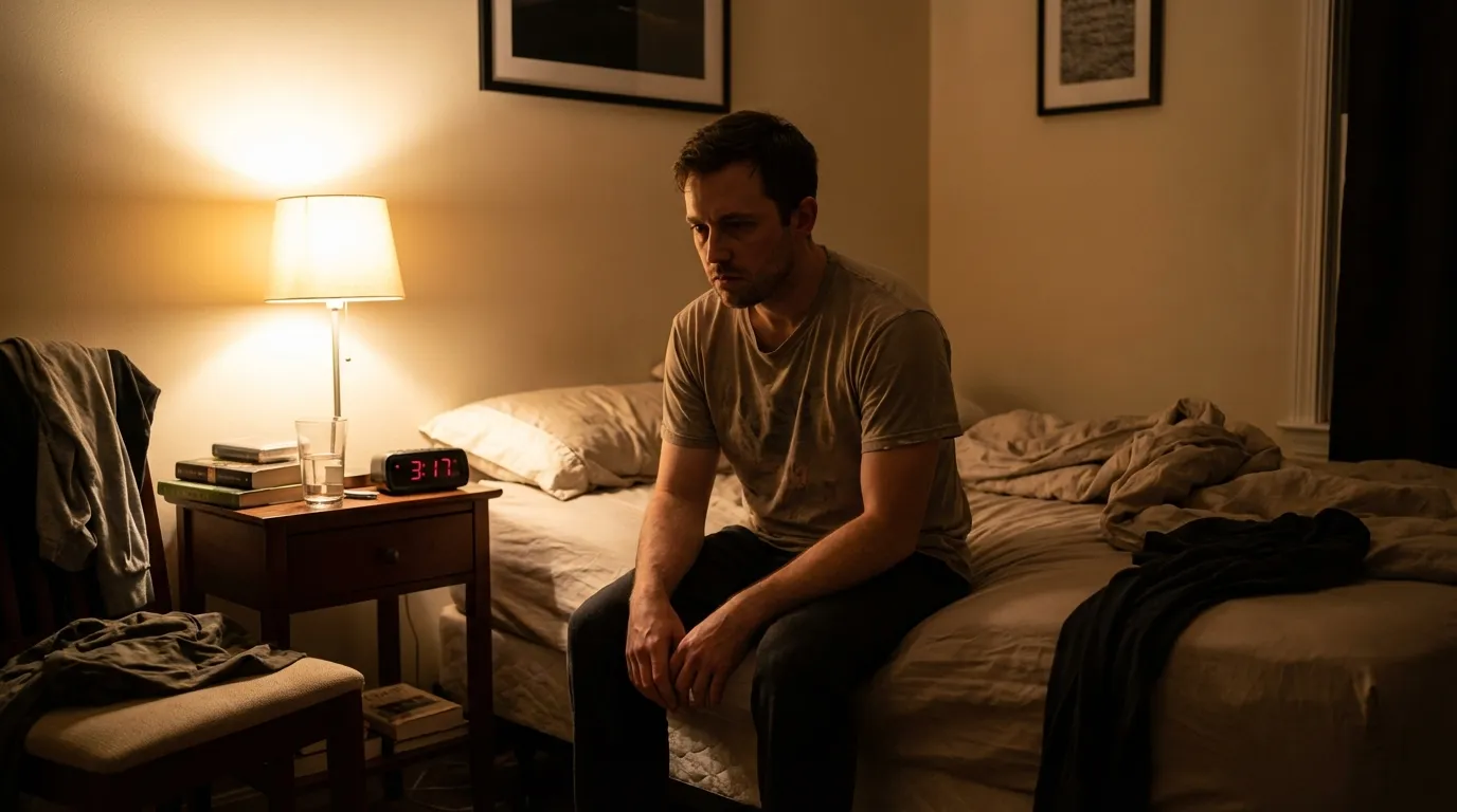 A pensive man sits alone on his bed at 3:17 AM, experiencing the restless nights that often lead men to explore testosterone therapy.