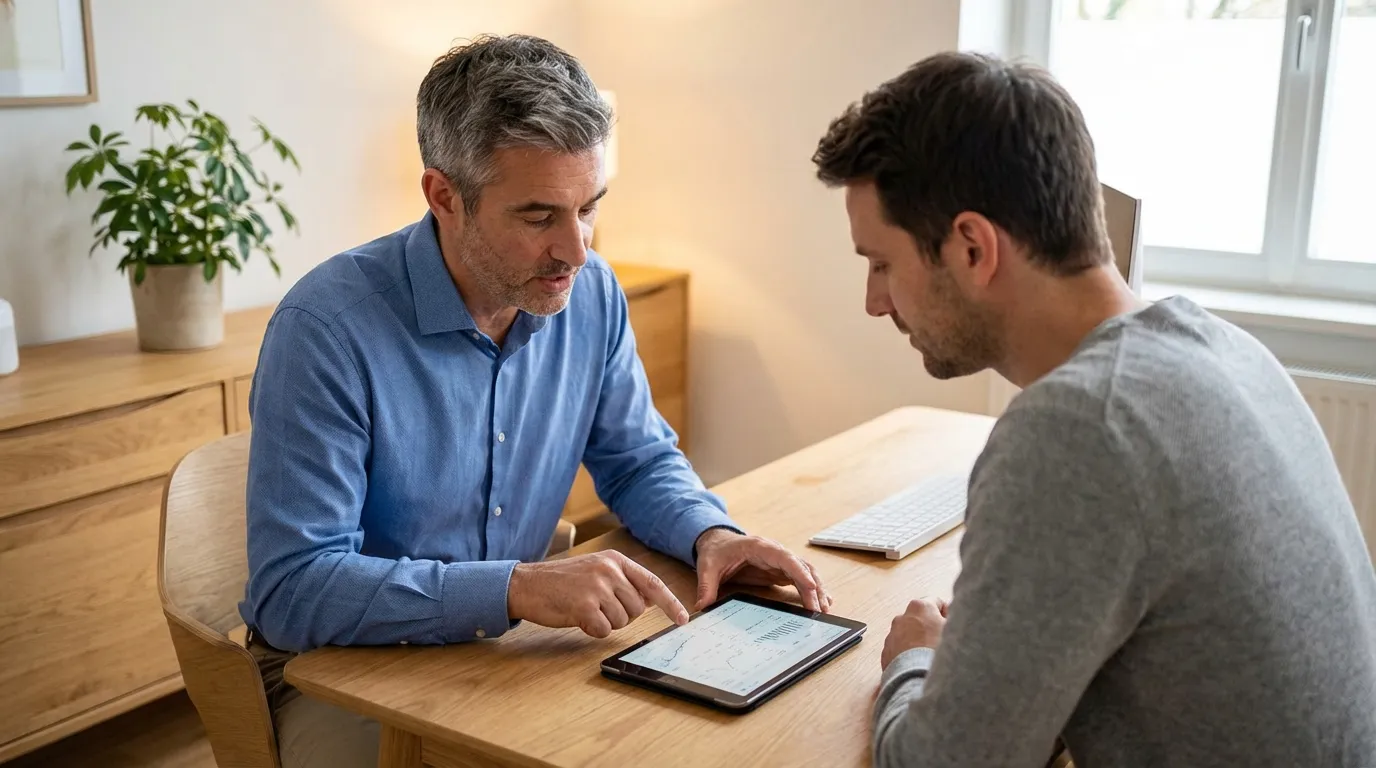 Two men review graphs on a tablet during a consultation, discussing progress that can be achieved through testosterone replacement therapy.