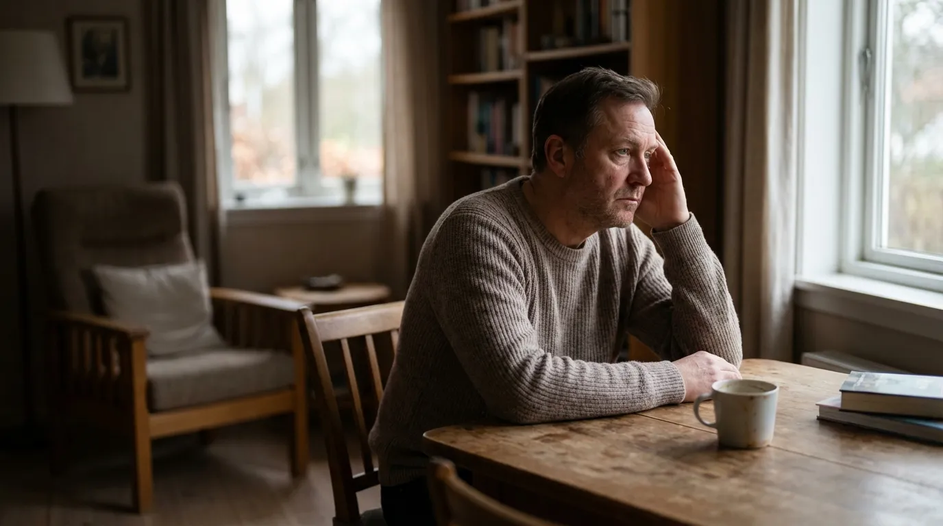 A man sits alone at a wooden table, appearing deeply troubled, which often leads men to explore testosterone replacement therapy.