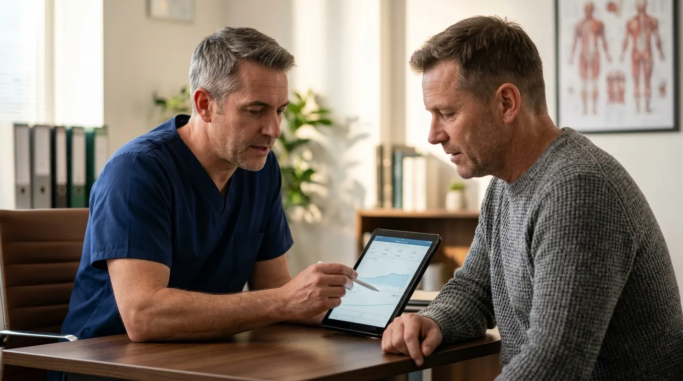 A doctor in blue scrubs discusses health data on a tablet with a man, a typical consultation for those exploring TRT.