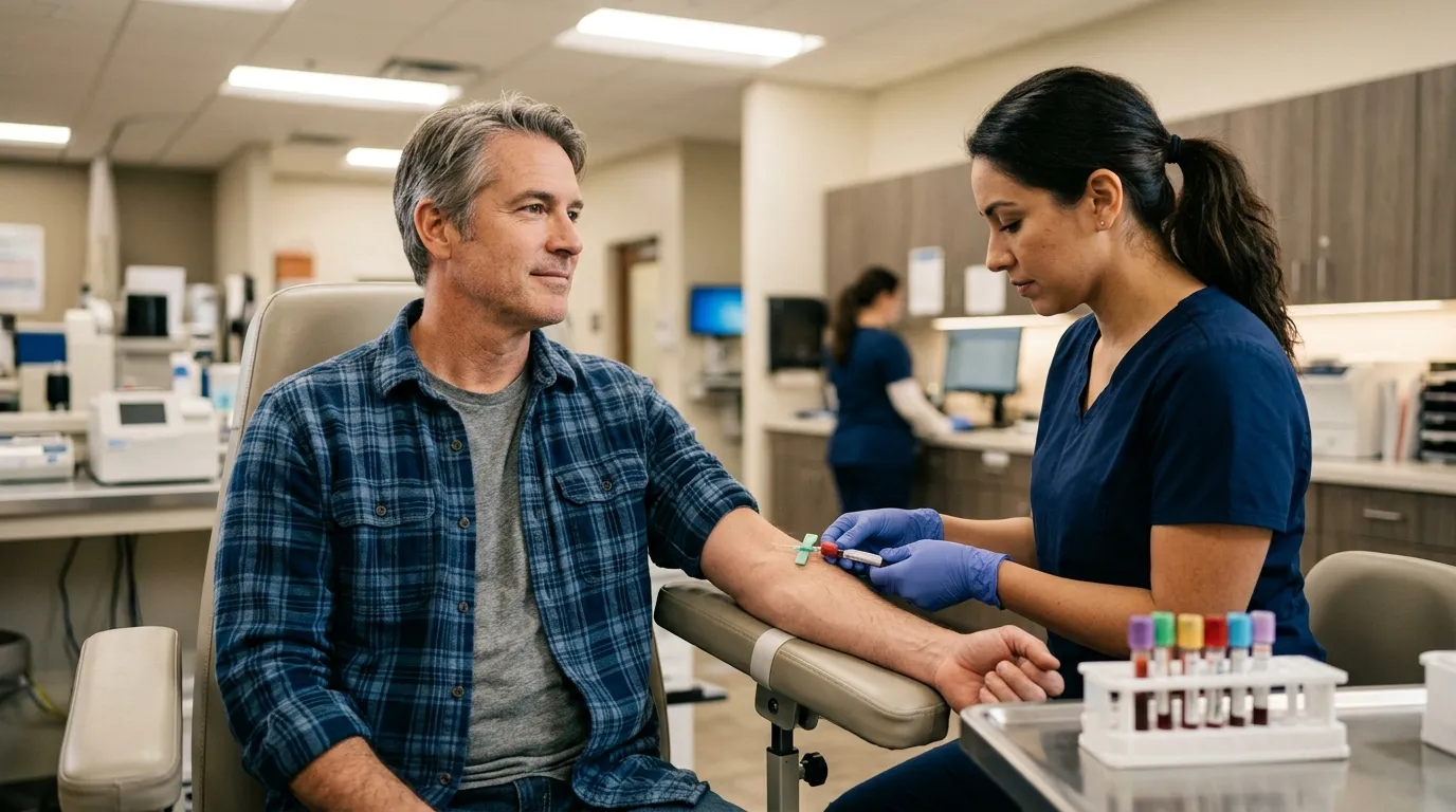 A calm father receives a blood draw from a nurse in a clinic, a common first step for men exploring testosterone replacement therapy.