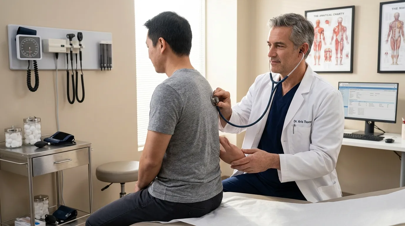 A doctor examines a man's back with a stethoscope in a bright clinic, a thorough step in evaluating men for testosterone replacement therapy.