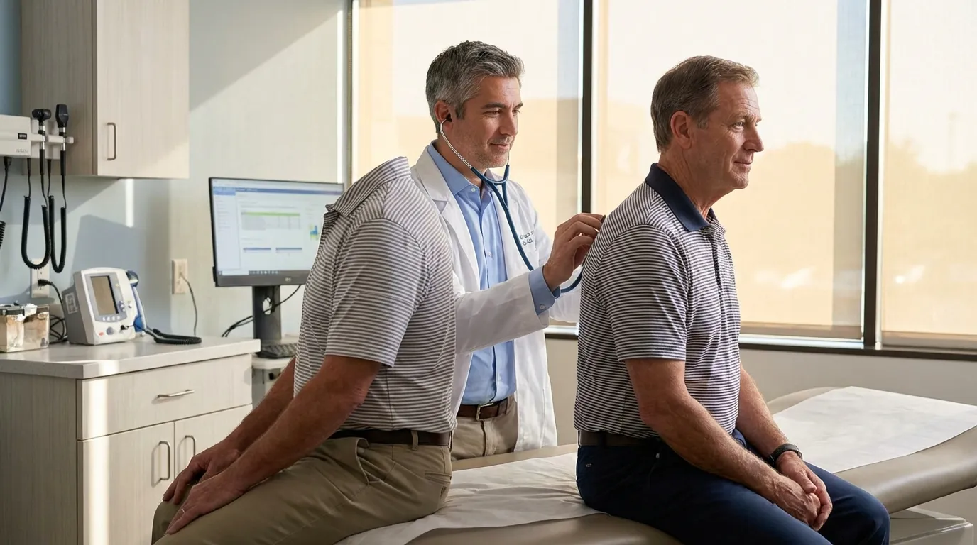 A doctor checks a man with a stethoscope in a bright clinic, a typical assessment for men exploring TRT.