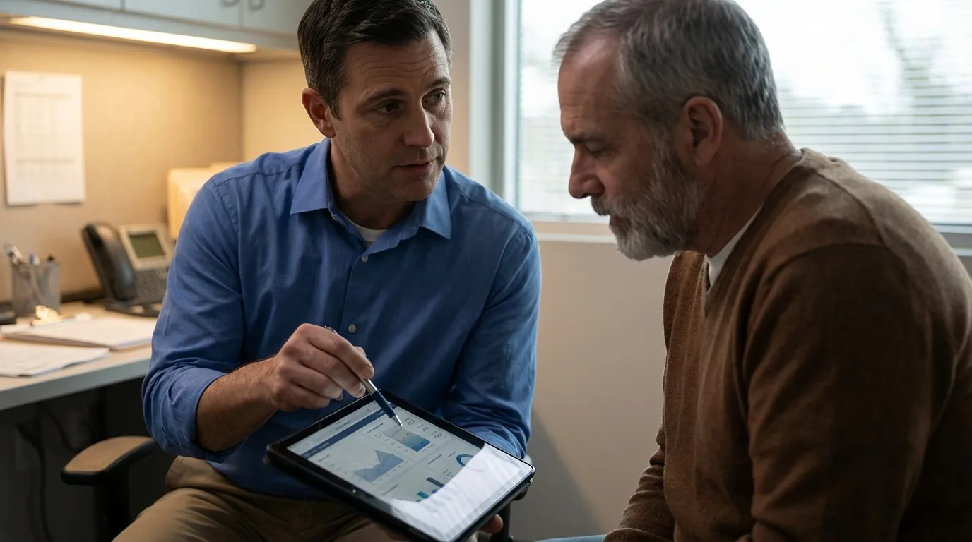 A professional man in a blue shirt shows a tablet with charts to an older, bearded man, discussing potential testosterone therapy options.