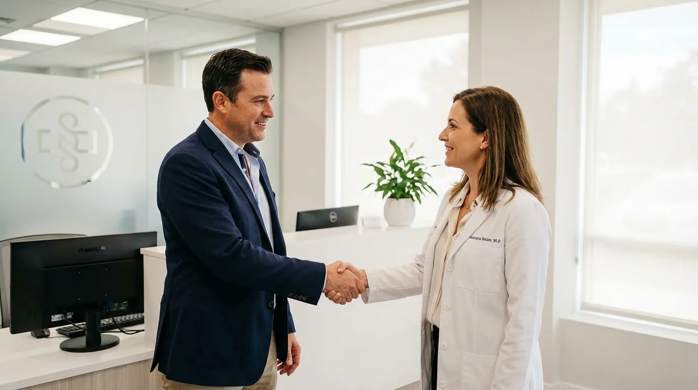 A smiling doctor shakes hands with a man in a bright clinic, demonstrating the trusted care found in testosterone replacement therapy.