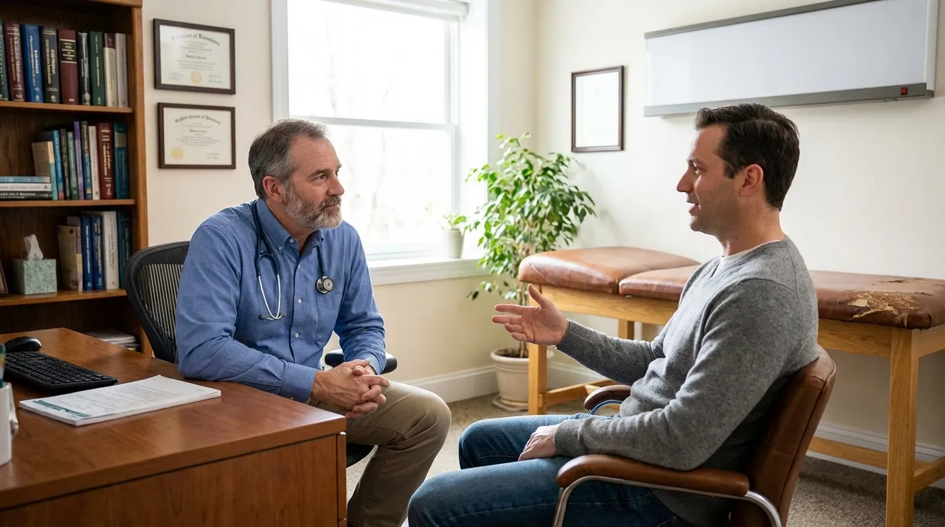 A doctor consults with a man gesturing during a bright clinic office visit, a common step for men exploring testosterone replacement therapy.