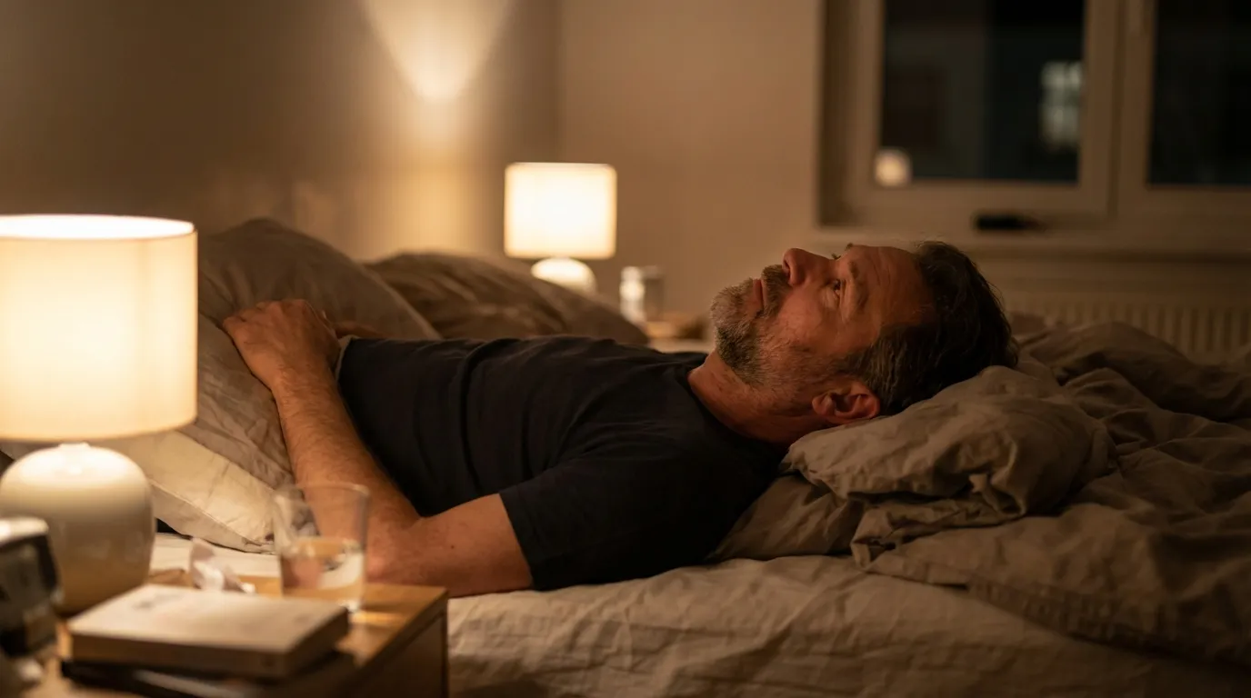 A man lies awake in bed at night, experiencing low energy that often leads men to seek testosterone replacement therapy.