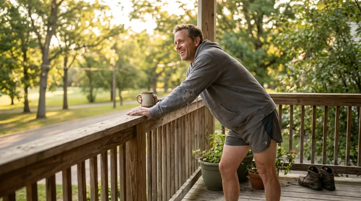 A smiling man enjoying his morning coffee on a porch, reflecting the renewed well-being that testosterone replacement therapy can provide.