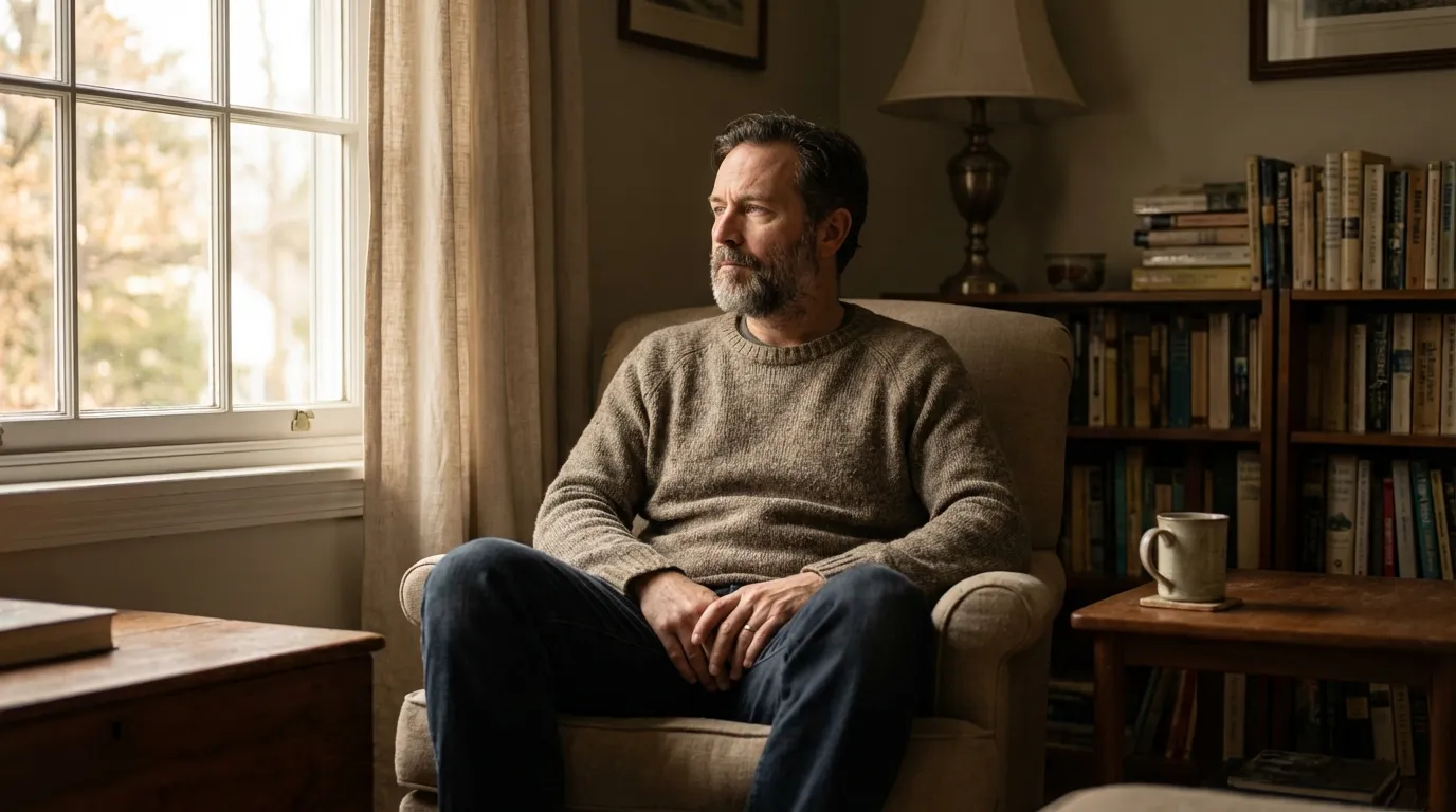 A thoughtful man sits by a window, reflecting on the low energy or mood that often leads men to seek testosterone therapy.