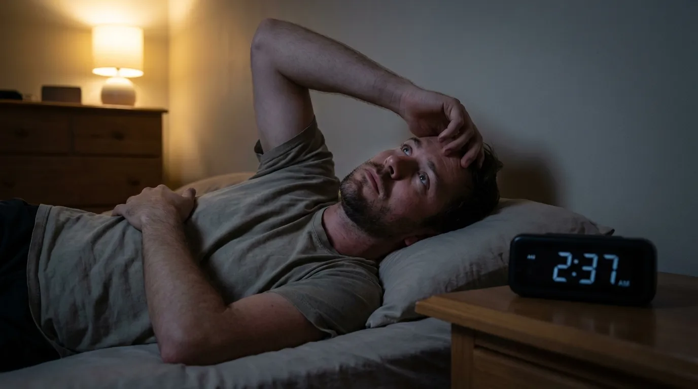 A man lies awake in bed in the early morning, showing the restless nights that often prompt men to explore testosterone therapy.