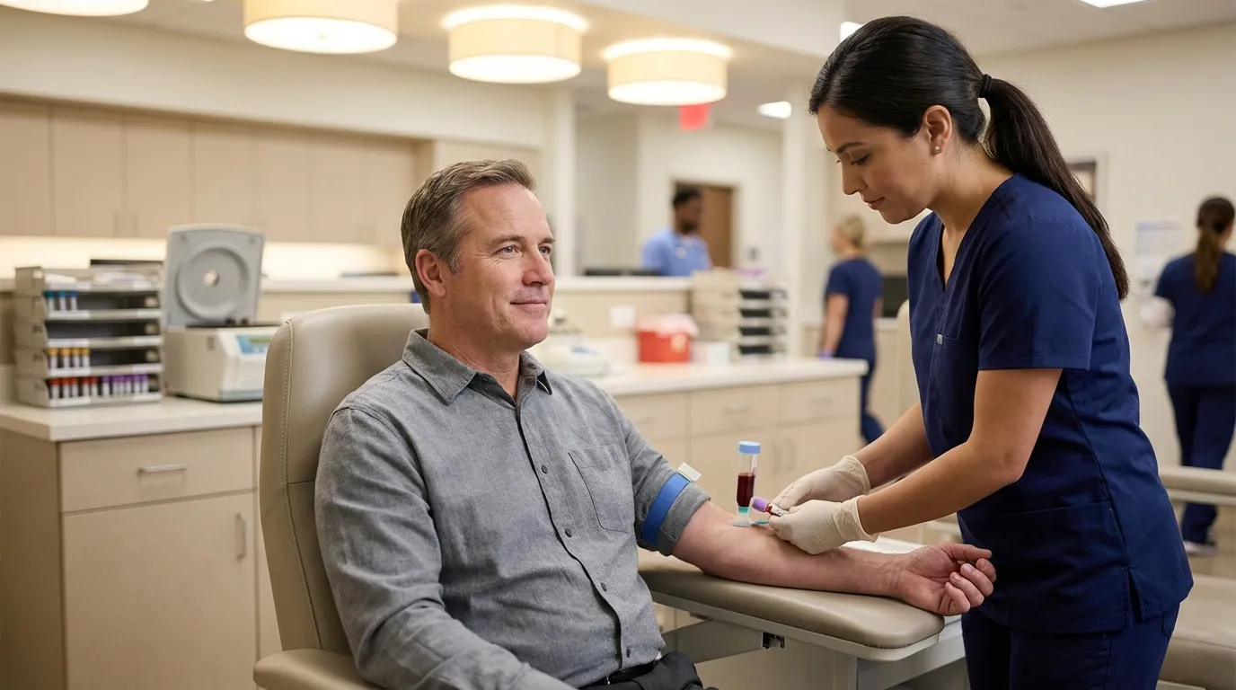 A man calmly receives a blood draw from a nurse in a clinic, a routine step for men exploring testosterone replacement therapy.