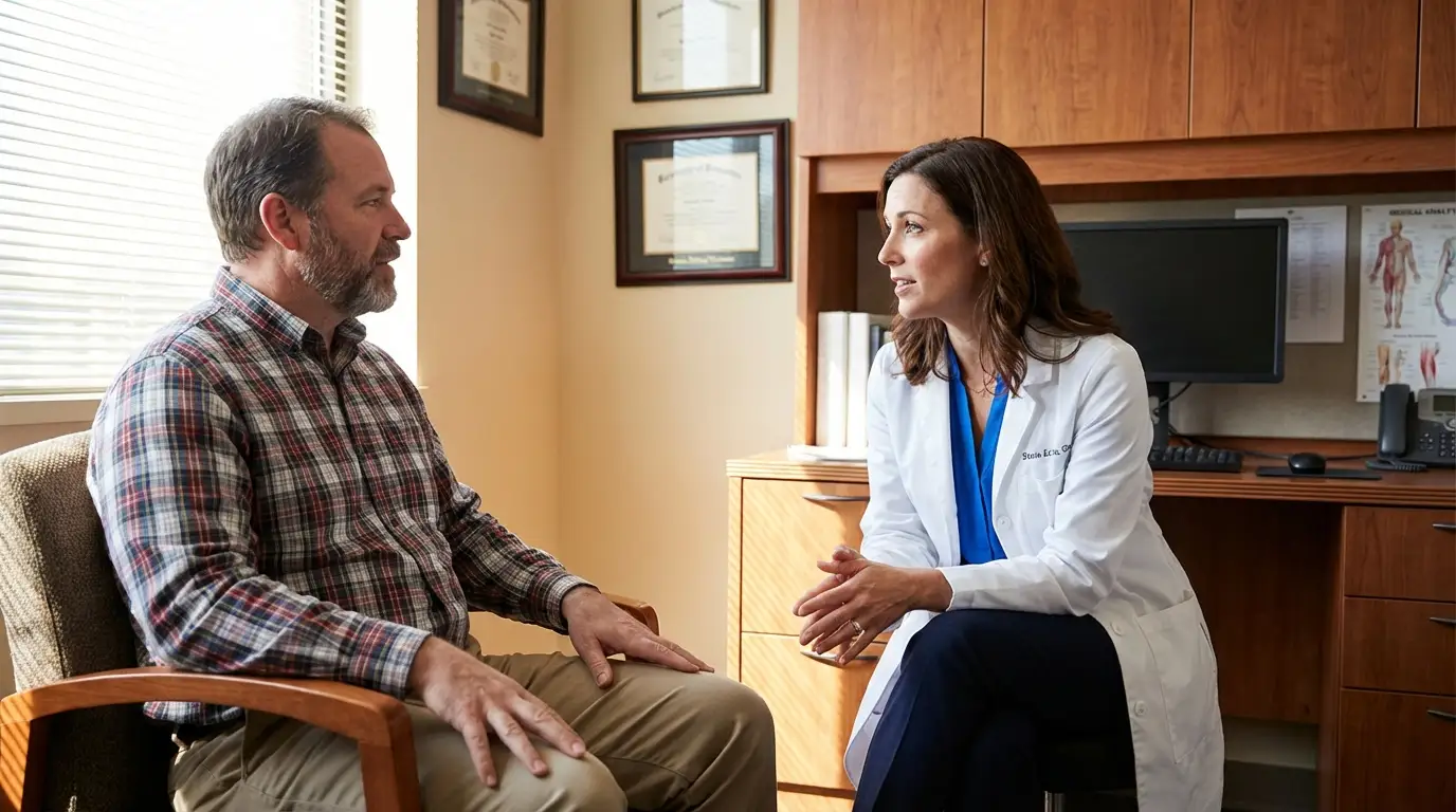 A doctor attentively listens to a man discussing his health concerns in a bright office, considering testosterone replacement therapy.