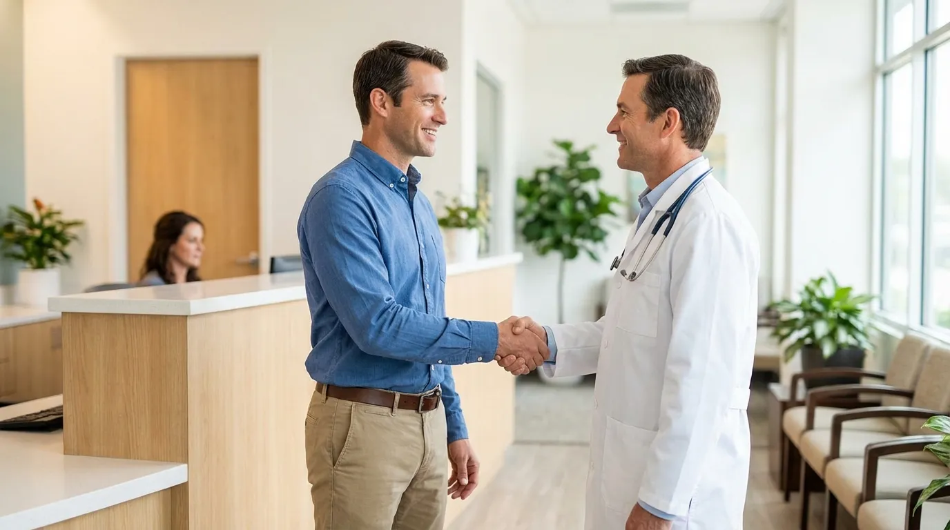 A smiling man shakes hands with his doctor in a modern clinic, feeling confident about starting testosterone therapy.
