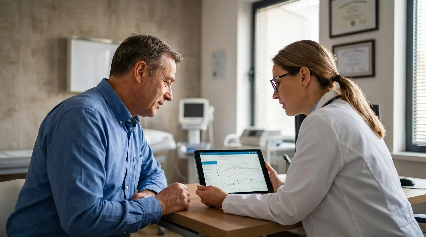 A doctor shows a thoughtful father his medical data graphs on a tablet, discussing his testosterone replacement therapy progress.