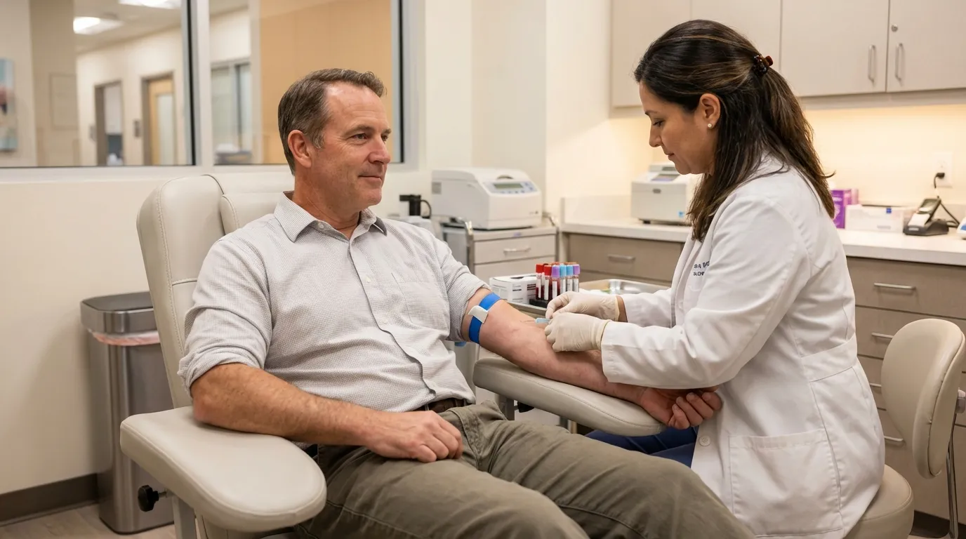 A man sits calmly as a nurse performs a blood draw, a common procedure for monitoring health during testosterone replacement therapy.