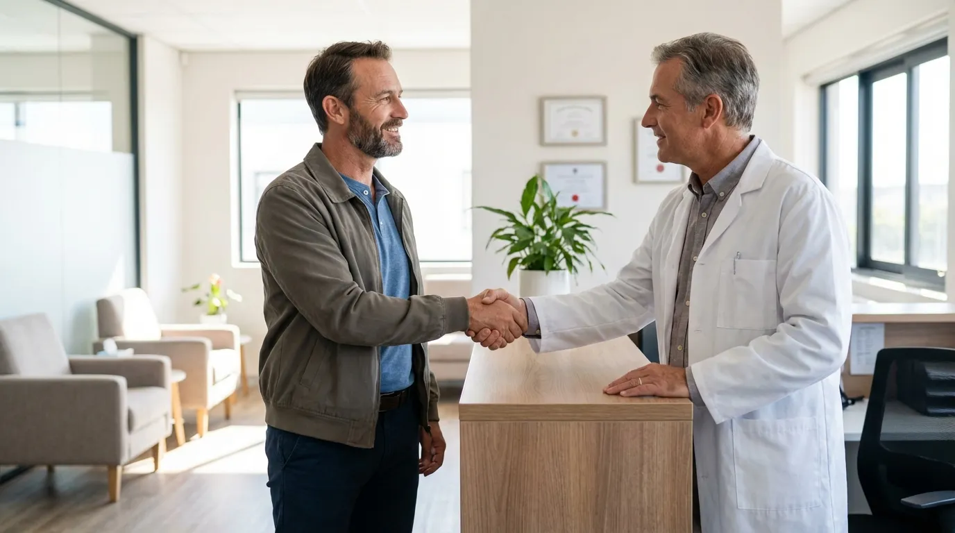 A smiling man shakes hands with a friendly doctor in a bright clinic, embodying the positive start many experience with testosterone therapy.