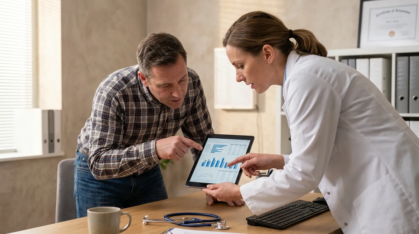 A male patient and his female doctor review data charts on a tablet, understanding how testosterone therapy can impact health.