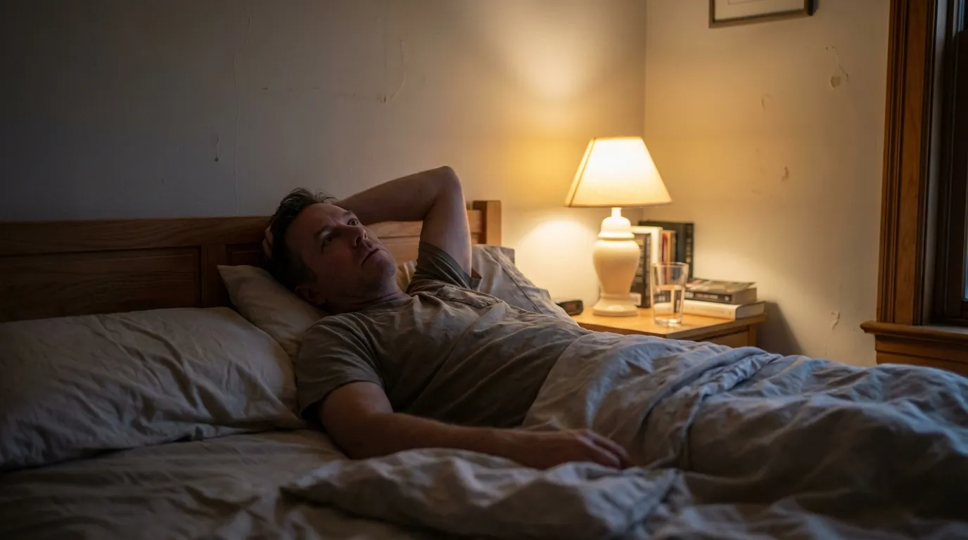 A man lies awake in his dimly lit bedroom, experiencing the restless nights that often lead men to explore testosterone therapy.