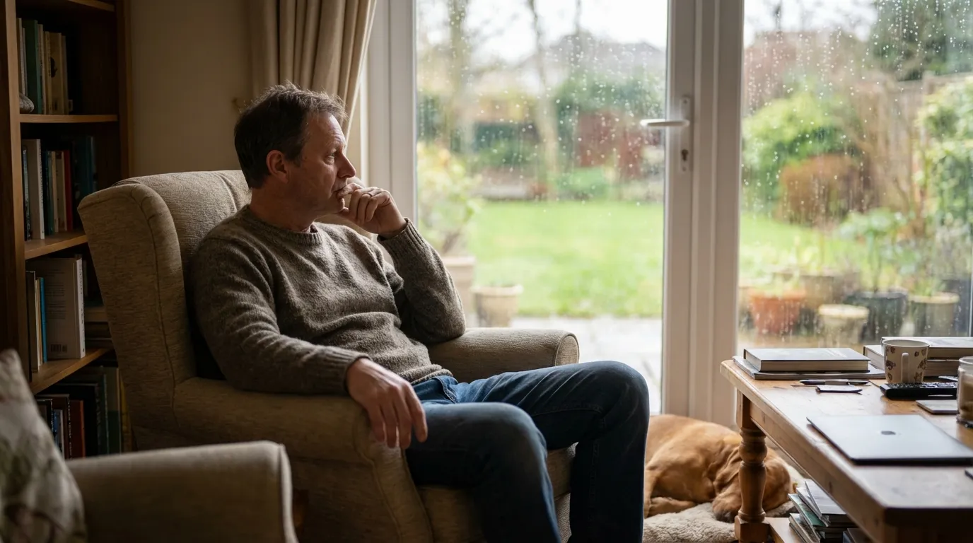 A pensive man sits by a rainy window, experiencing the low energy that often leads men to seek testosterone replacement therapy.