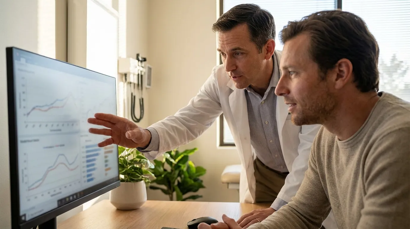 A doctor points to progress graphs on a computer screen, discussing successful testosterone replacement therapy with a man in a clinic.