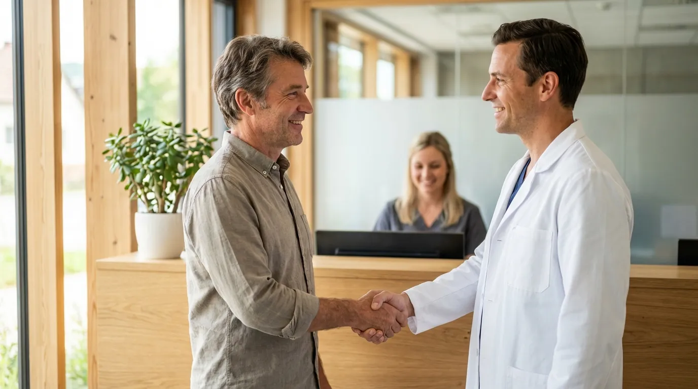 A smiling man and his doctor shaking hands in a welcoming clinic, an affirming step toward starting testosterone therapy.