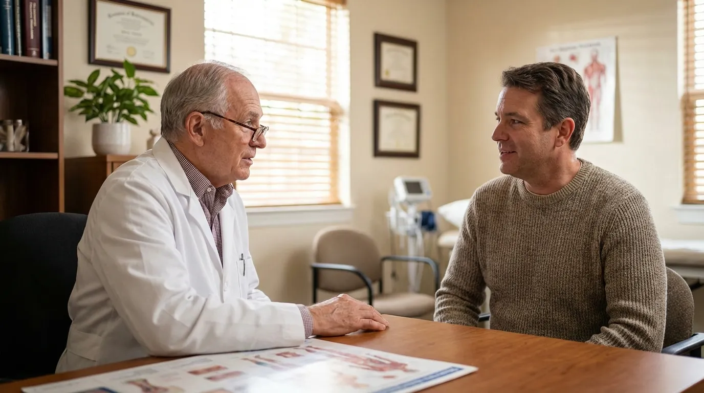 An experienced doctor in a white coat thoughtfully consults with a male patient, discussing the benefits of testosterone therapy.