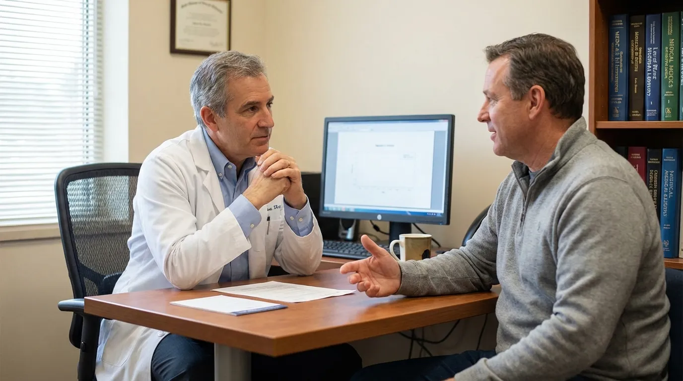 A doctor in a white coat consults with a man at a desk, attentively discussing health solutions like testosterone replacement therapy.