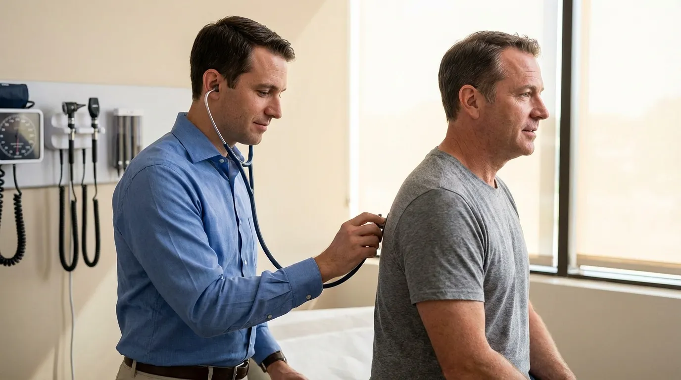 A doctor uses a stethoscope to listen to a man's back during an exam, a key part of the health monitoring in testosterone therapy.