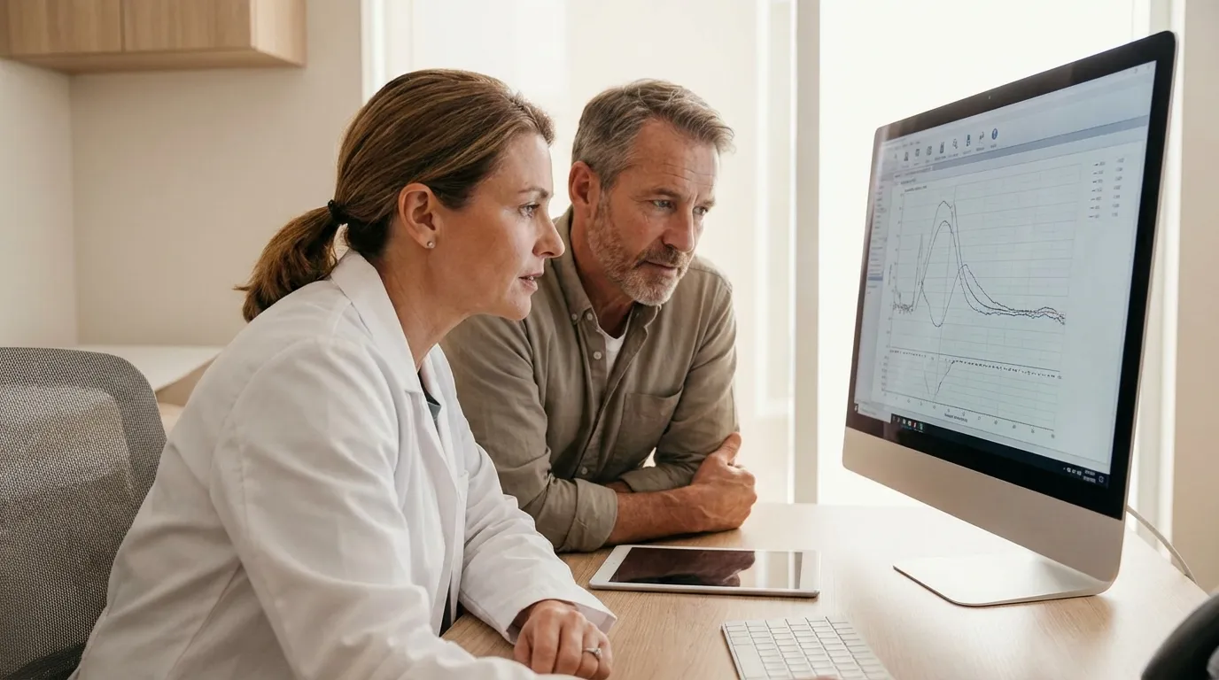 A doctor in a white coat and a male patient intently review graphs on a computer screen, discussing progress related to his TRT.