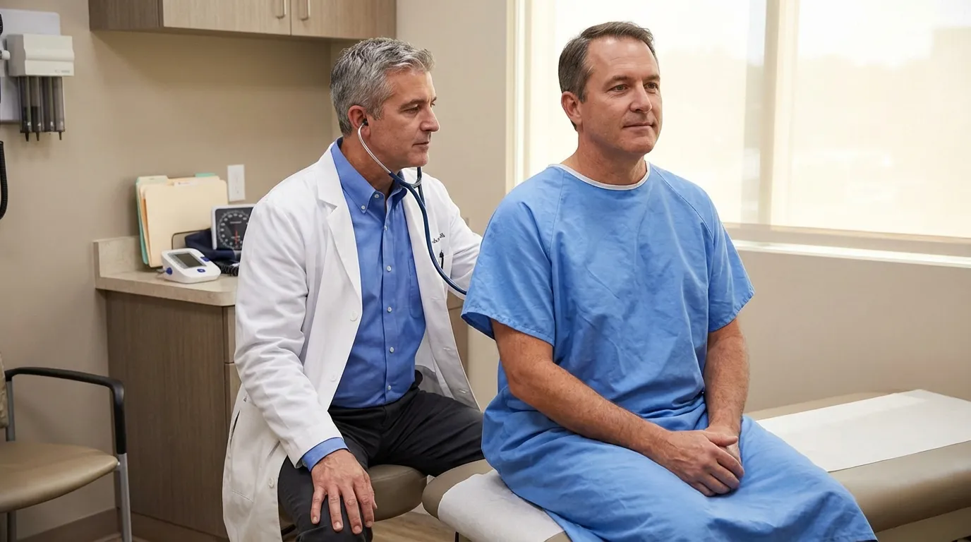 A doctor carefully examines a male patient in a clinic, a necessary step for men exploring testosterone therapy to improve their well-being.