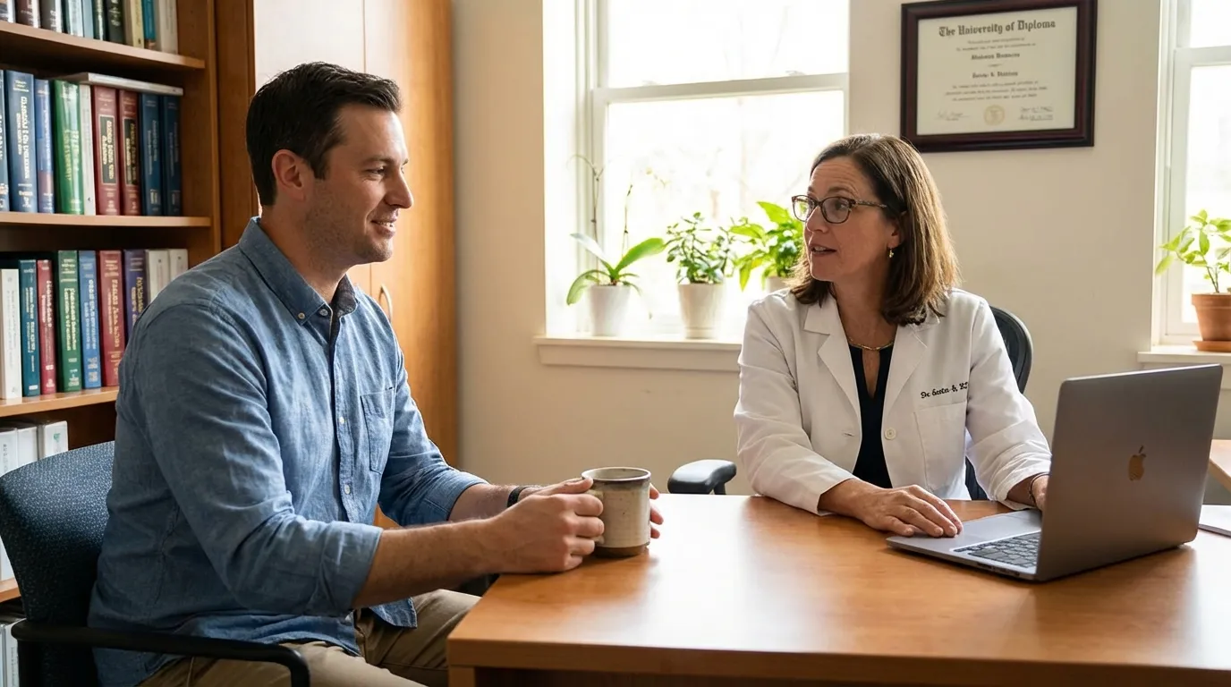 A smiling man consults with a female doctor in her office, discussing treatment options like testosterone replacement therapy.