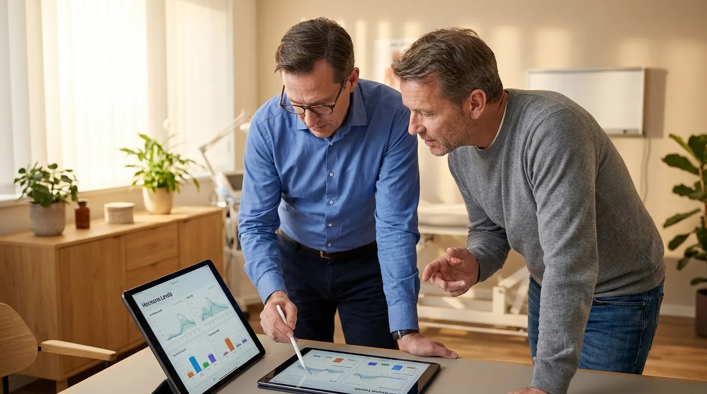 Two men intently review hormone charts on tablets, discussing health data to guide their successful testosterone replacement therapy.