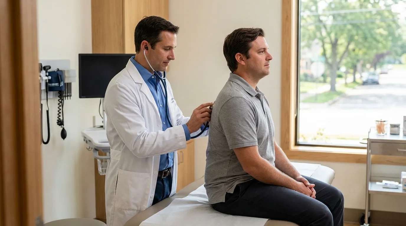 A doctor uses a stethoscope to examine a man's back in a clinic, a routine step before considering testosterone therapy.