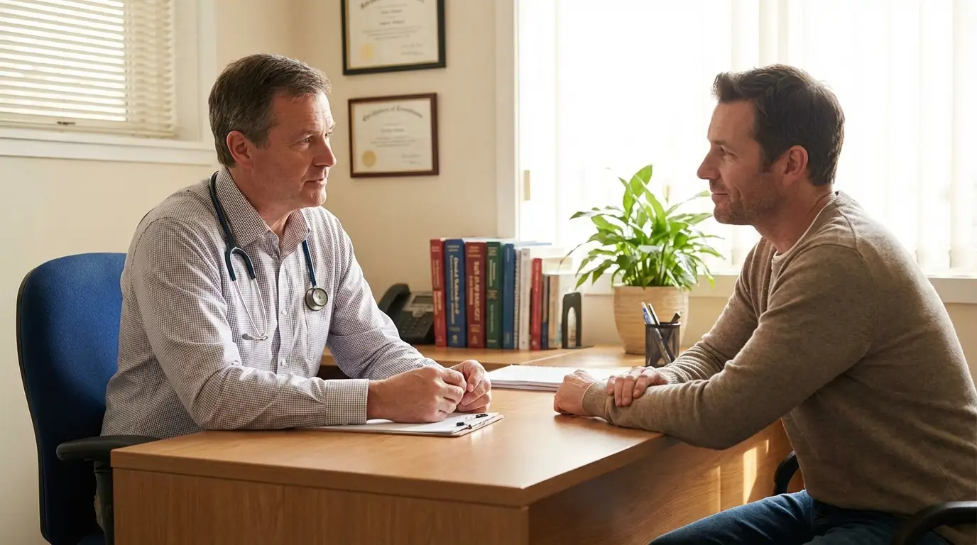 A male doctor in a consultation room discusses health concerns with a patient, a common first step toward exploring testosterone therapy.
