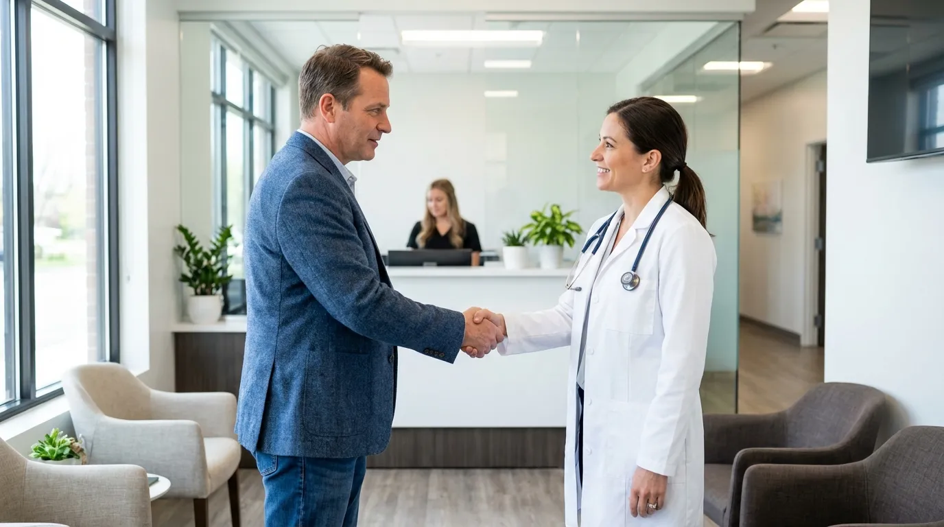 Man shaking hands with a smiling doctor in a clinic, representing a positive first step for men exploring testosterone replacement therapy.