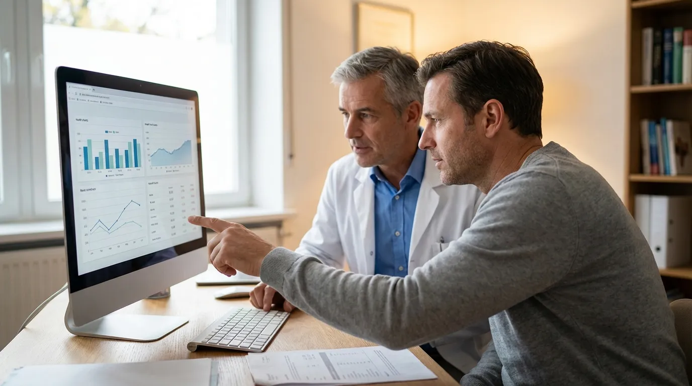 A doctor and a man review health charts on a computer screen, monitoring progress during testosterone replacement therapy.