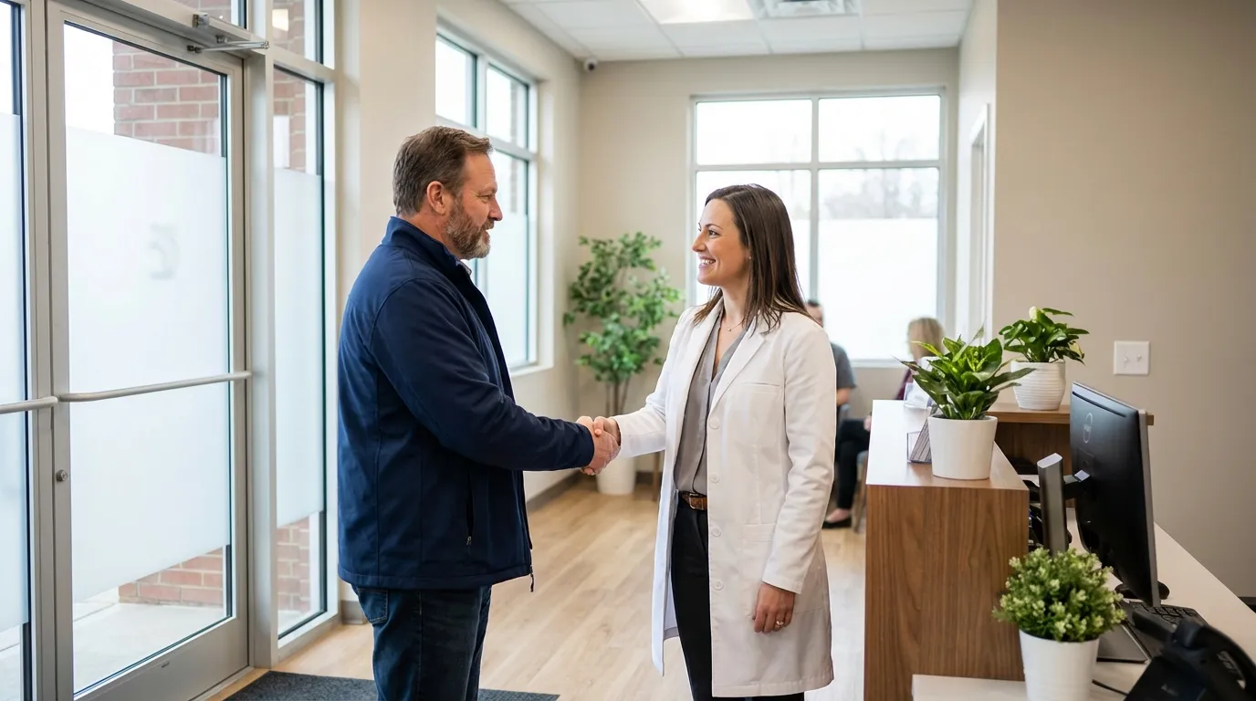 A doctor greets a man with a handshake in a modern clinic, a welcoming first step for those considering testosterone replacement therapy.