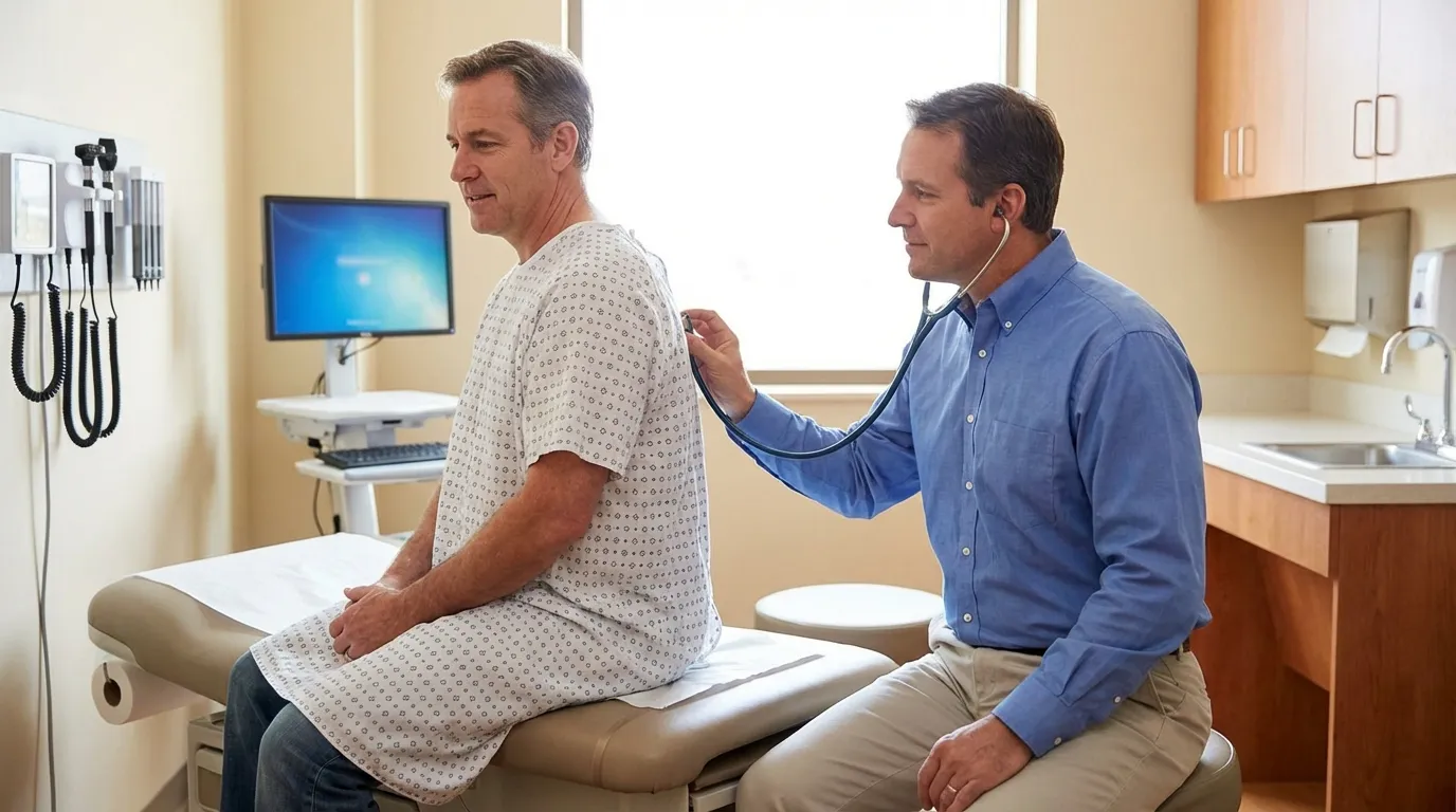 A doctor uses a stethoscope to examine a middle-aged man's back during a check-up, a common step men take before exploring testosterone therapy.