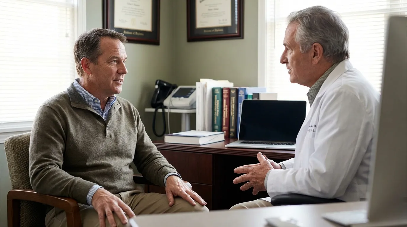 A doctor in a white coat talks with an older man in his office, discussing options for testosterone replacement therapy.