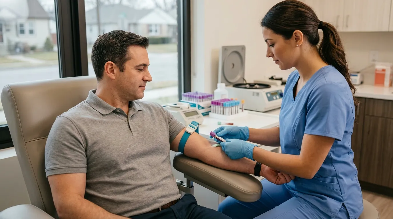 A calm man receives a blood draw from a nurse in a clinic, a necessary step for those considering testosterone therapy.