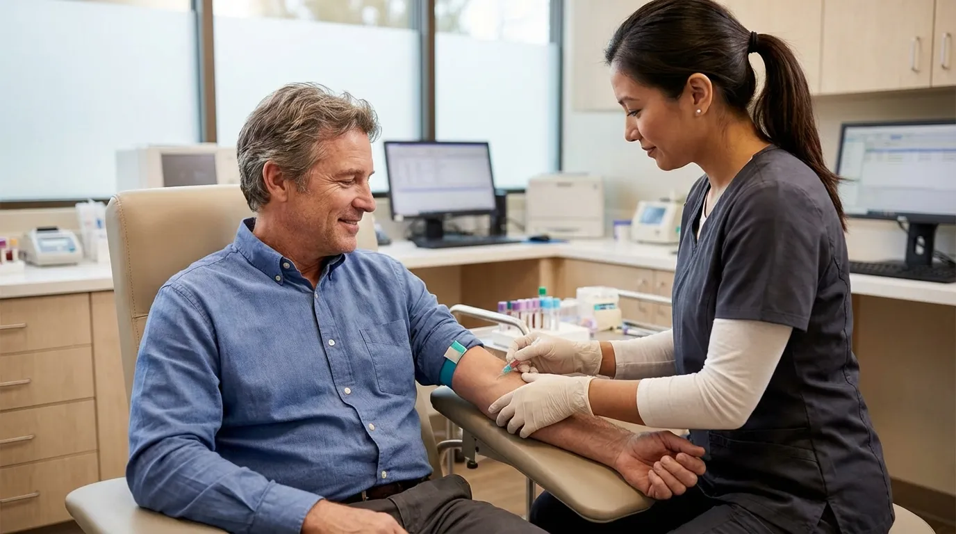 A smiling man comfortably receiving a blood draw from a nurse in a clinic, a common step in starting testosterone therapy.