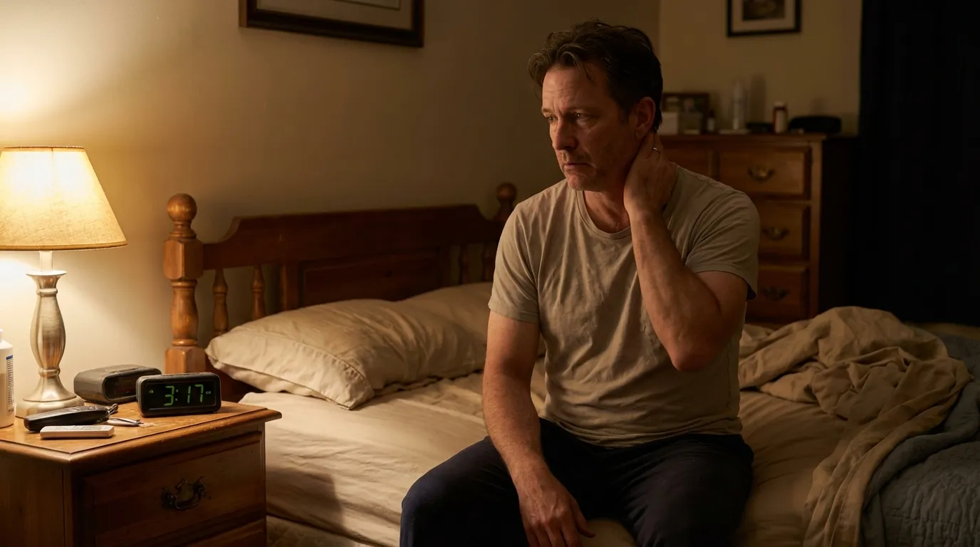 A man sits awake on his bed at 3:17 AM, experiencing sleeplessness that often leads men to explore testosterone replacement therapy.