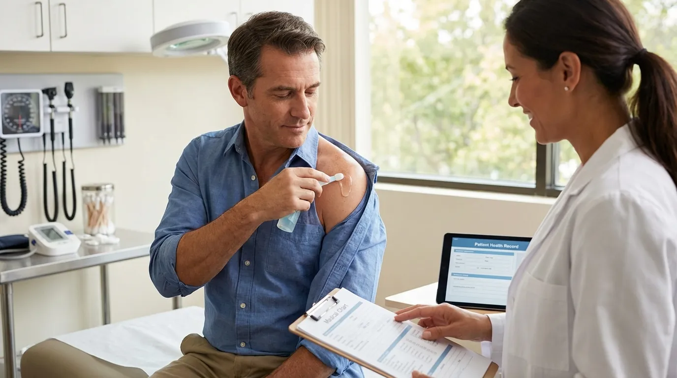 Patient reviewing TRT treatment plan and costs at modern clinic