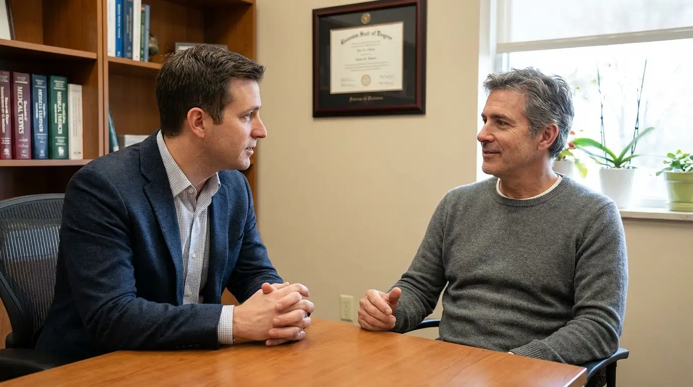 A doctor discusses care with a man in an office, representing the personalized approach to testosterone replacement therapy.
